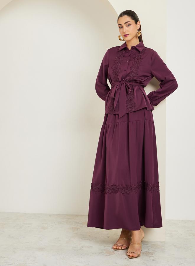 Styli Burgundy Lace Trim Shirt and Maxi Skirt Co-Ords - Image 1